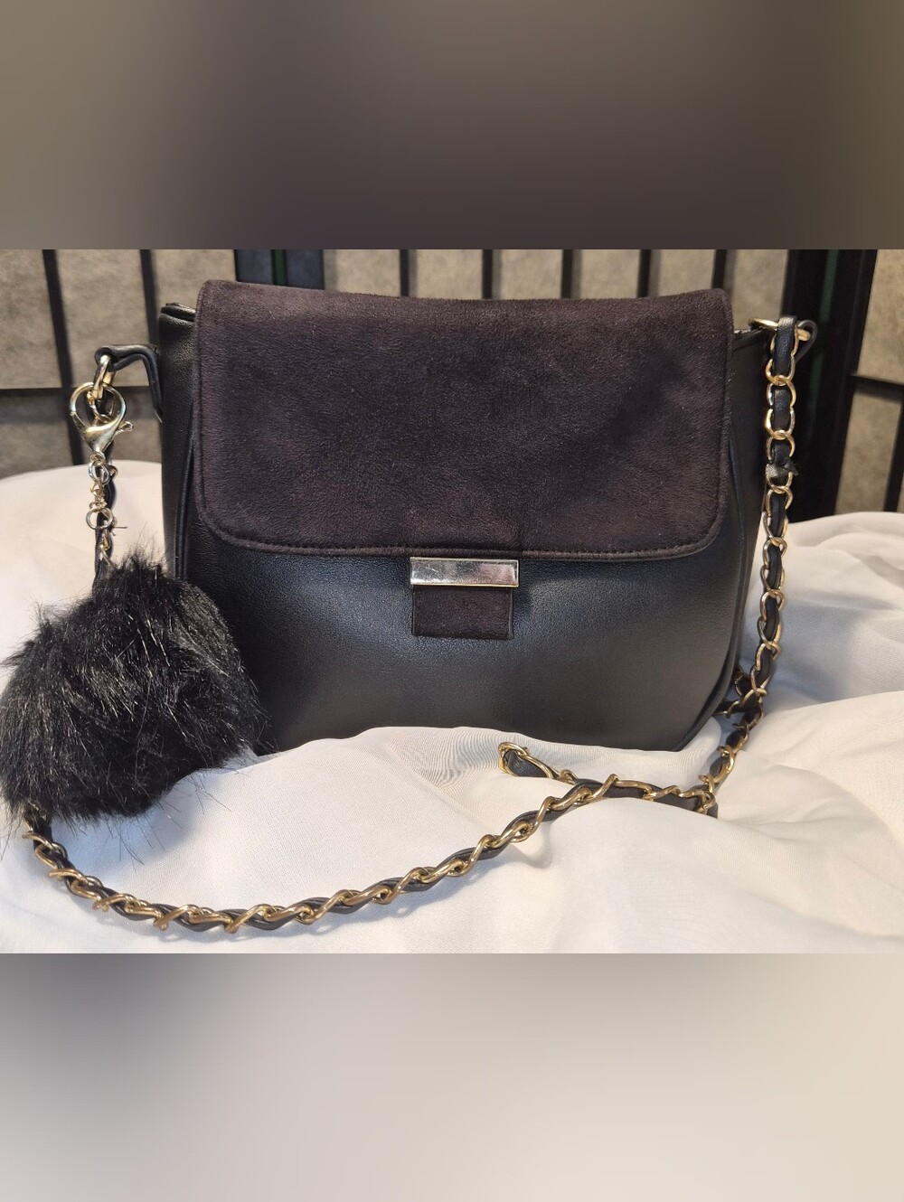 Rampage Black Faux Leather & Suede Crossbody Bag with Gold Chain Strap/ Pom-Pom